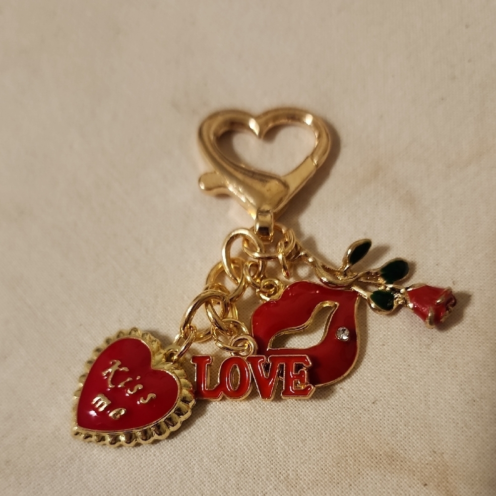 Gold and Red Heart Charm Keychain